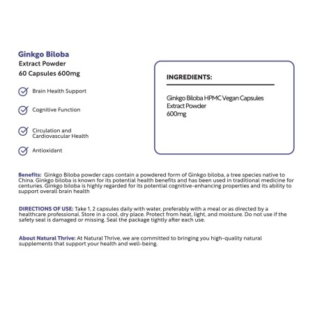 Natural Pure & Premium Ginkgo Biloba Extract Powder Capsules 600mg | £10.99 | Natural Powder Supplements Natural Thrive Natural Thrive