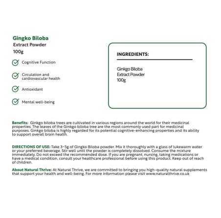 Natural pure & Premium Ginkgo Biloba Extract Powder 100g | £15.99 | Organic Supplements Natural Thrive Natural Thrive