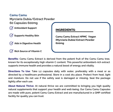 Natural pure & Premium Camu Camu Extract Powder Capsules 600mg | £6.99 | Natural Powder Supplements Natural Thrive Natural Thrive