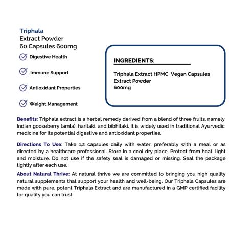 Natural pure & Premium Triphala Extract Powder Capsules 600mg | £8.99 | Natural Powder Supplements Natural Thrive Natural Thrive