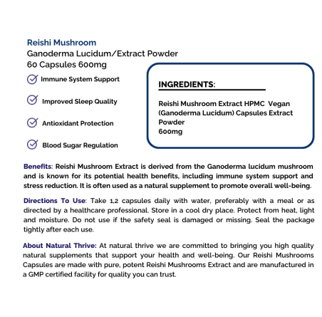Natural pure & Premium Reishi Mushroom Extract Powder Capsules 600mg | £9.99 | Natural Powder Supplements Natural Thrive Natural Thrive