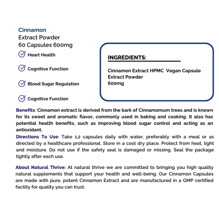 Natural pure & Premium Cinnamon Extract Powder Capsules 600mg | £6.99 | Natural Powder Supplements Natural Thrive Natural Thrive