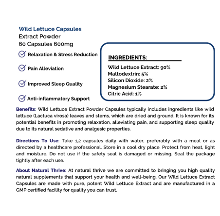 Natural pure & Premium Wild Lettuce Extract Powder Capsules 600mg | £16.99 | Natural Powder Supplements Natural Thrive Natural Thrive