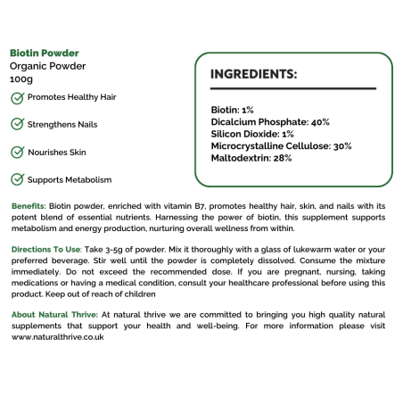 Natural pure & Premium Biotin Powder 100g | £12.99 | Natural Powder Supplements Natural Thrive Natural Thrive