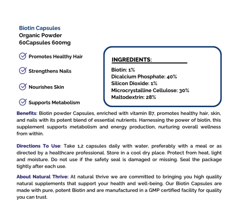 Natural pure & Premium Biotin Powder Capsules 600mg | £9.99 | Natural Powder Supplements Natural Thrive Natural Thrive