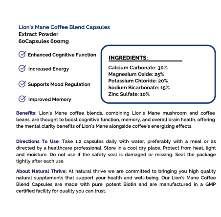 Pure Lion's Mane Coffee Blend Extract Powder 600mg | £12.99 | Mushroom Supplements Natural Thrive Natural Thrive