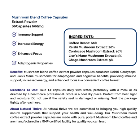 Pure Mushroom Blend Coffee Extract Powder Capsules 600mg | £16.99 | Mushroom Supplements Natural Thrive Natural Thrive