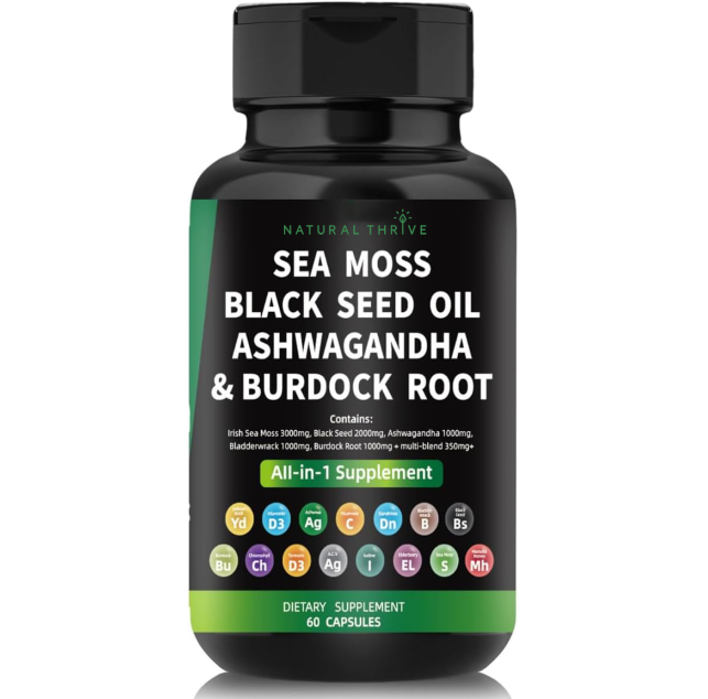 Sea Moss, Black Seed Oil, Ashwagandha, Bladderwrack, Burdock Blend Capsules | £10.99 | Organic Supplements Natural Thrive Natural Thrive