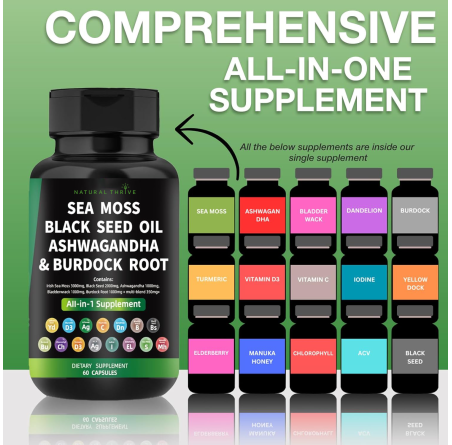 Sea Moss, Black Seed Oil, Ashwagandha, Bladderwrack, Burdock Blend Capsules | £10.99 | Organic Supplements Natural Thrive Natural Thrive