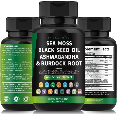 Sea Moss, Black Seed Oil, Ashwagandha, Bladderwrack, Burdock Blend Capsules | £10.99 | Organic Supplements Natural Thrive Natural Thrive