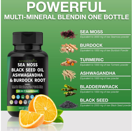 Sea Moss, Black Seed Oil, Ashwagandha, Bladderwrack, Burdock Blend Capsules | £10.99 | Organic Supplements Natural Thrive Natural Thrive