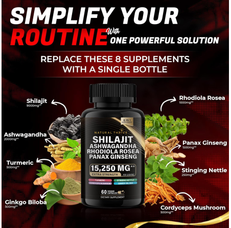 Natural Thrive Shilajit Panax Ginseng Ashwagandha Rhodiola Rosea Blend Capsules | £12.99 | Natural Powder Supplements Natural Thrive Natural Thrive