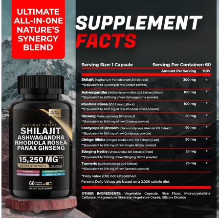 Natural Thrive Shilajit Panax Ginseng Ashwagandha Rhodiola Rosea Blend Capsules | £12.99 | Natural Powder Supplements Natural Thrive Natural Thrive