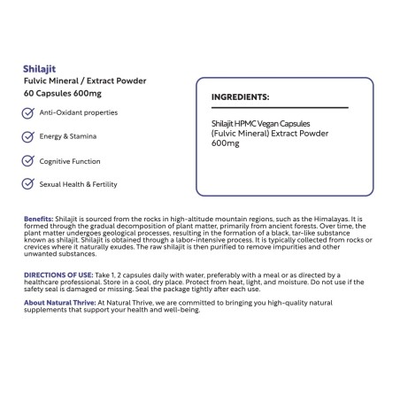 Natural Pure & Premium Himalayan Shilajit 40% Fulvic Acid 600mg Capsules | £8.99 | Natural Powder Supplements Natural Thrive Natural Thrive