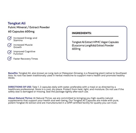 TongkatAli Organic Root (Eurycoma Longifolia) Capsules 600mg | £11.99 | Natural Powder Supplements Natural Thrive Natural Thrive