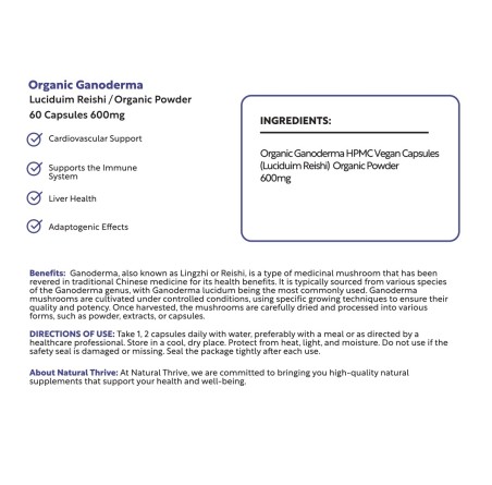 Ganoderma Organic Mushroom Extract Capsules 600 mg | £12.99 | Mushroom Supplements Natural Thrive Natural Thrive
