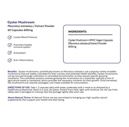 Organic Oyster Mushroom (Pleurotus Ostreatus) Extract Powder Capsules 600mg | £14.99 | Mushroom Supplements Natural Thrive Natural Thrive