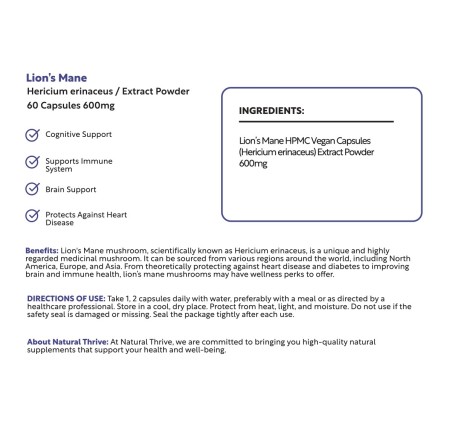 Organic Lions Mane (Hericium Erinaceus) Extract Powder Capsules 600mg | £10.99 | Mushroom Supplements Natural Thrive Natural Thrive