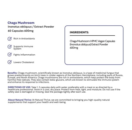Natural Pure & Premium Chaga Mushroom Extract Powder Capsules 600mg | £14.99 | Mushroom Supplements Natural Thrive Natural Thrive