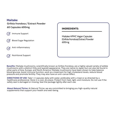 Natural Pure & Premium Maitake Mushroom Capsules 600mg | £14.99 | Mushroom Supplements Natural Thrive Natural Thrive
