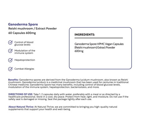 Natural Pure & Premium Ganoderma Spore Mushroom Extract Powder Capsules 600mg | £14.99 | Mushroom Supplements Natural Thrive Natural Thrive