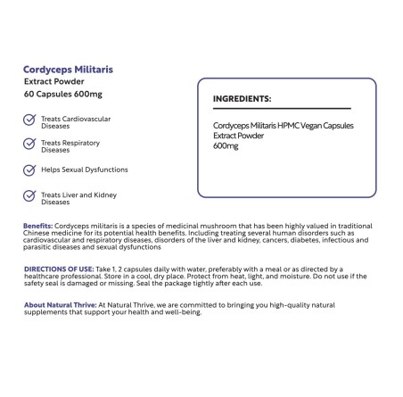 Natural Pure & Premium Cordyceps Militaris Extract Powder Capsules 600mg | £12.99 | Mushroom Supplements Natural Thrive Natural Thrive