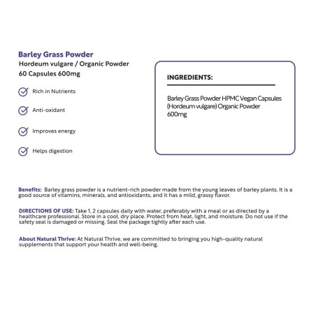 Natural Pure & Premium Barley Grass Powder Capsules 600mg | £9.99 | Natural Powder Supplements Natural Thrive Natural Thrive