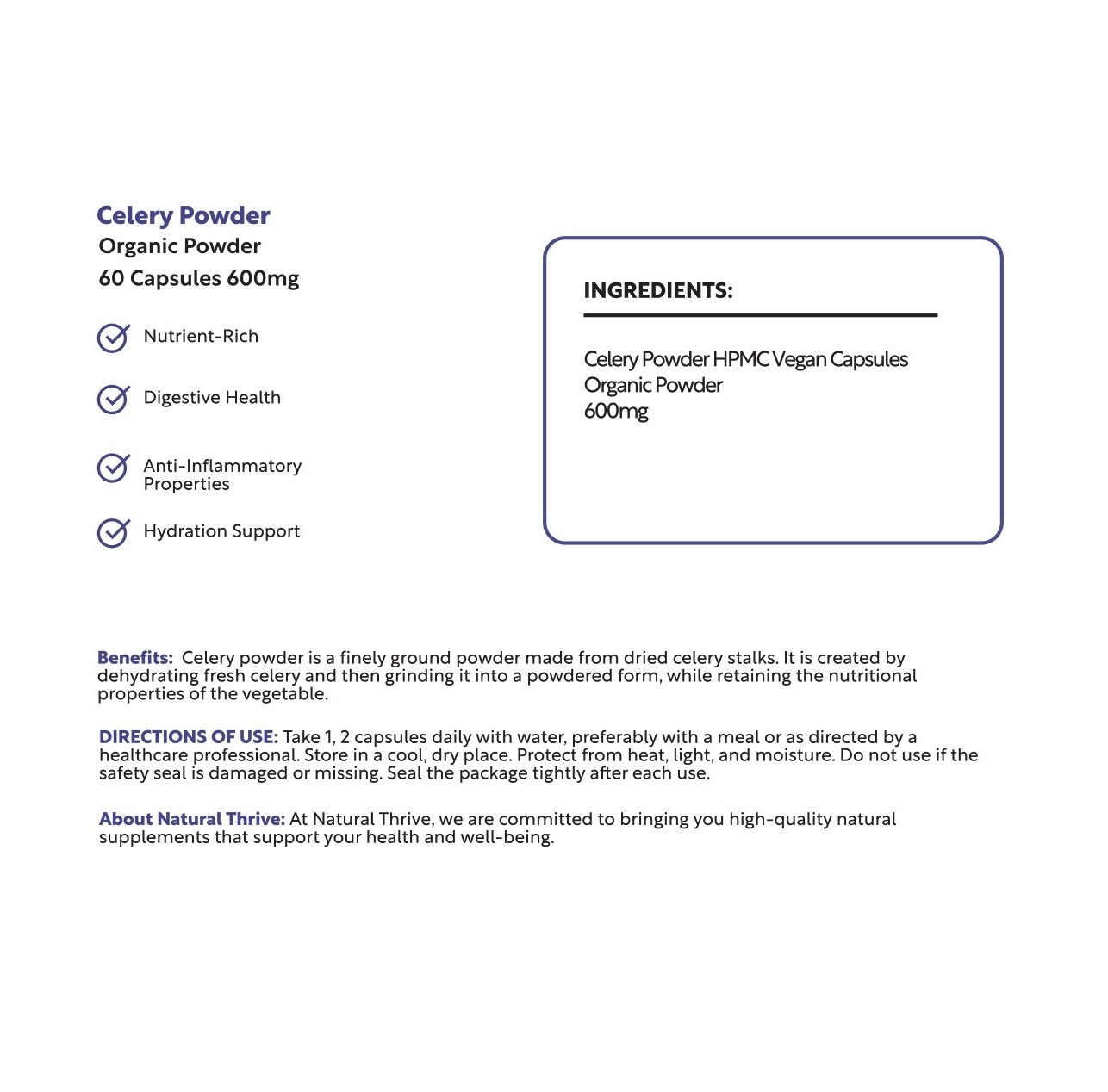 Organic Celery (Apium Graveolens) Powder Capsules 600mg