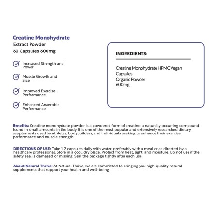 Natural Pure & Premium Creatine Monohydrate Extract Powder Capsules 600mg | £13.99 | Natural Powder Supplements Natural Thrive Natural Thrive