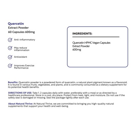 Natural Pure & Premium Quercetin 600mg Extract Powder Capsules | £10.99 | Natural Powder Supplements Natural Thrive Natural Thrive