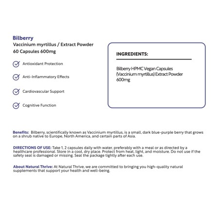 Natural Pure & Premium Bilberry Extract Powder Capsules 600mg | £9.99 | Organic Fruit Powders Natural Thrive Natural Thrive