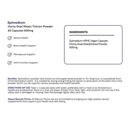 Natural Pure & Premium Epimedium Extract Powder Capsules 600mg | £8.99 | Organic Supplements Natural Thrive Natural Thrive