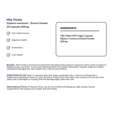 Natural Pure & Premium Milk Thistle (Silybum Marianum) Extract Powder Capsules 600mg | £9.99 | Natural Powder Supplements Natural Thrive Natural Thrive