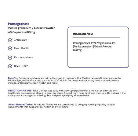 Natural Pure & Premium Pomegranate Extract Capsules 600mg | £9.99 | Organic Fruit Powders Natural Thrive Natural Thrive