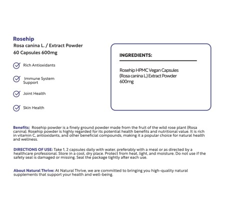 Natural Pure & Premium Rosehip (Rosa Canina) Extract Powder Capsules 600mg | £7.99 | Natural Powder Supplements Natural Thrive Natural Thrive