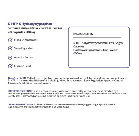 Natural Pure & Premium 5-HTP Extract Powder Capsules 600mg | £12.99 | Natural Powder Supplements Natural Thrive Natural Thrive