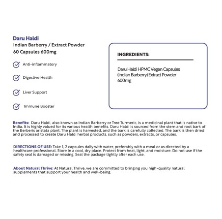 Natural Pure & Premium Daru Haldi (Berberis Aristata) Extract Powder Capsules 600mg | £10.99 | Natural Powder Supplements Natural Thrive Natural Thrive
