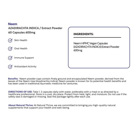 Natural Pure & Premium Neem (Azadirachta Indica) Extract Powder Capsules 600mg | £9.99 | Natural Powder Supplements Natural Thrive Natural Thrive