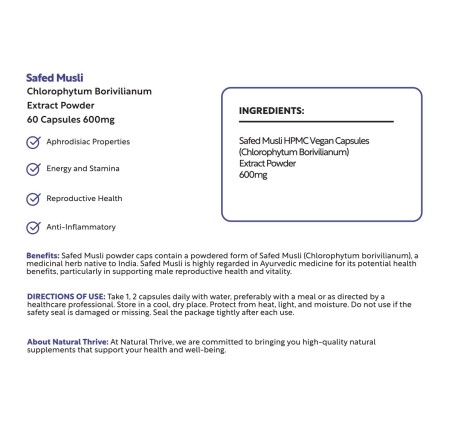 Natural Pure & Premium Safed Musli (Chlorophytum Borivilianum) Extract Powder Capsules 600mg | £12.99 | Natural Powder Supplements Natural Thrive Natural Thrive