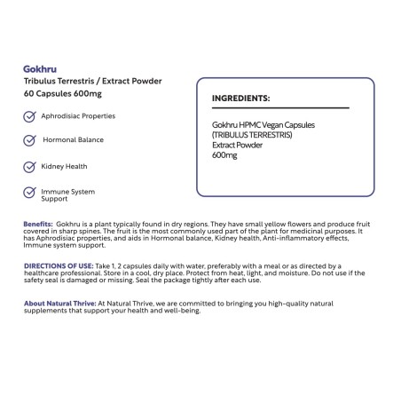 Natural Pure & Premium Tribulus Terrestris Extract Powder Capsules 600mg (Gokhru) | £10.99 | Natural Powder Supplements Natural Thrive Natural Thrive