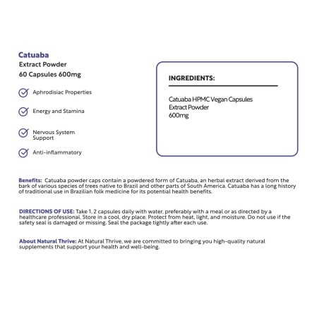 Natural Pure & Premium Catuaba (Erythroxylum Catuaba) Extract Powder Capsules 600mg | £10.99 | Natural Powder Supplements Natural Thrive Natural Thrive