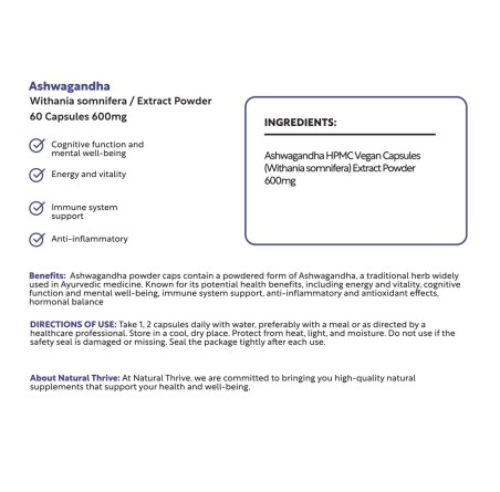 Natural Pure & Premium Ashwagandha Root Extract Capsules 600mg | £10.99 | Natural Powder Supplements Natural Thrive Natural Thrive