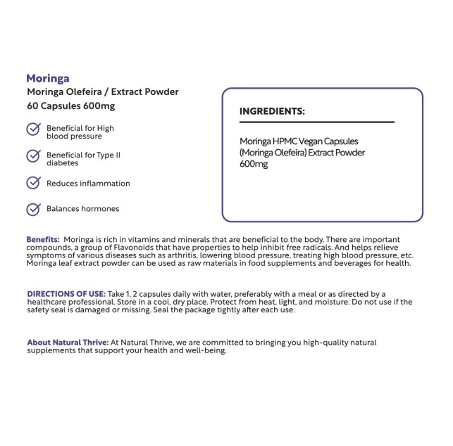 Organic Moringa (Horseradish Tree) Extract Powder Capsules 600mg