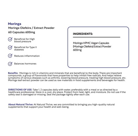 Natural Pure & Premium Moringa (Horseradish Tree) Extract Powder Capsules 600mg | £9.99 | Natural Powder Supplements Natural Thrive Natural Thrive