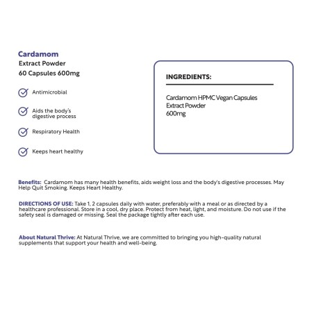 Natural Pure & Premium Cardamom (Elettaria Cardamomum) Extract Powder Capsules 600mg | £13.99 | Natural Powder Supplements Natural Thrive Natural Thrive
