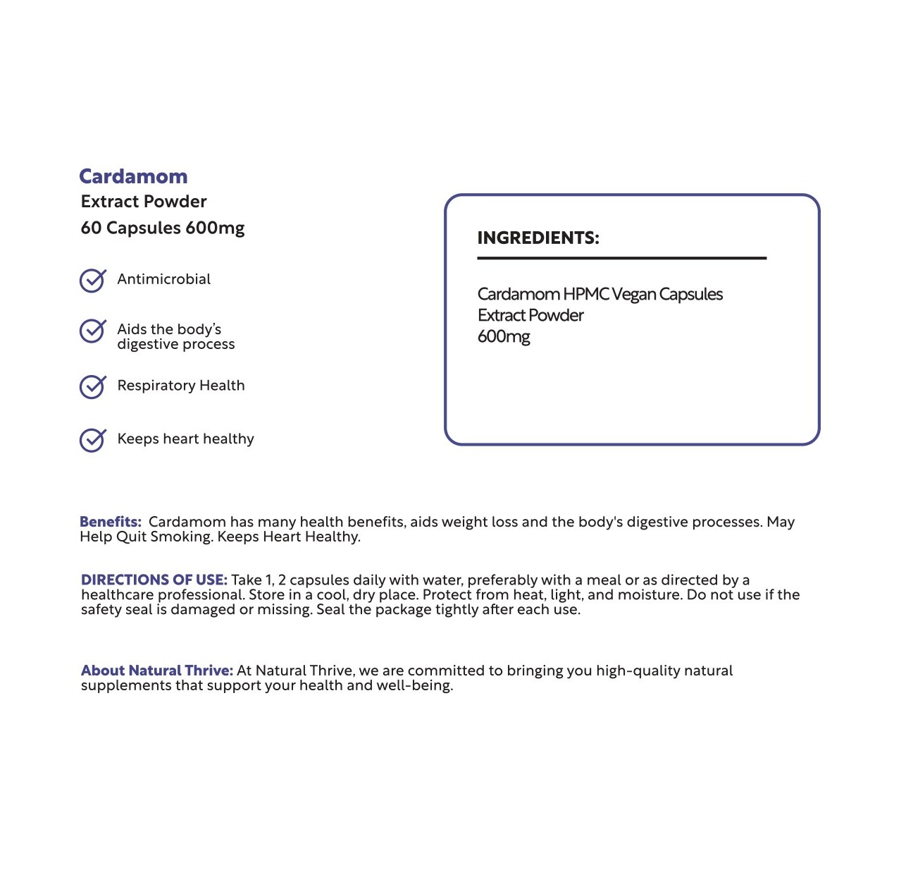 Cardamom Extract Powder Capsules 600mg Natural Thrive