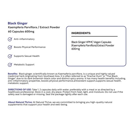 Natural Pure & Premium Black Ginger (Kaempferia Parviflora) Extract Powder Capsules 600mg | £12.99 | Organic Fruit Powders Natural Thrive Natural Thrive