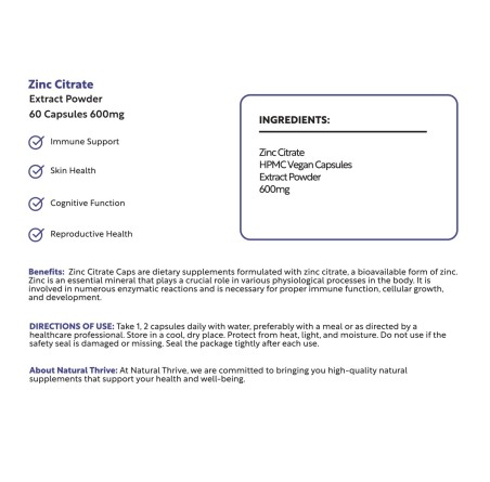 Natural Pure & Premium Zinc Citrate Extract Powder Capsules 600mg | £8.99 | Natural Powder Supplements Natural Thrive Natural Thrive