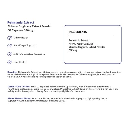 Natural Pure & Premium Rehmannia Root Extract Powder Capsules 600mg | £10.99 | Natural Powder Supplements Natural Thrive Natural Thrive