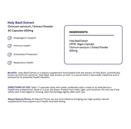 Natural Pure & Premium Holy Basil (Ocimum Sanctum) Extract Powder Capsules 600mg | £10.99 | Natural Powder Supplements Natural Thrive Natural Thrive